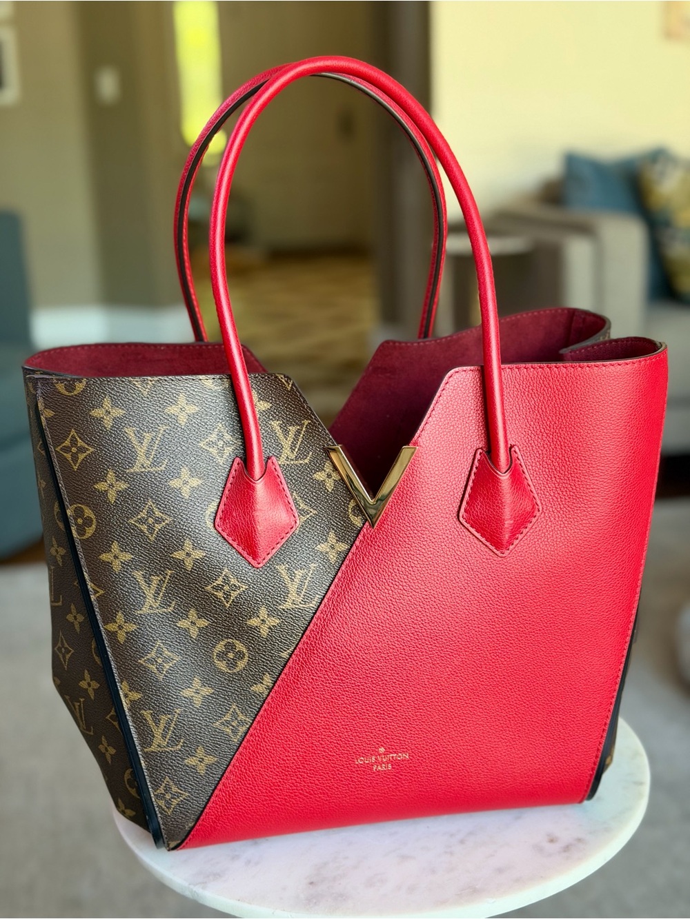 Louis Vuitton Red Leather & Monogram V Tote